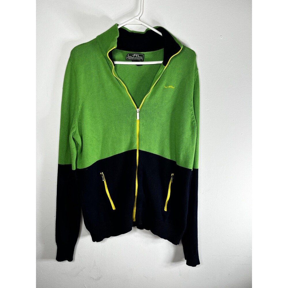 Lauren Ralph Lauren Sweater Womens XL Green Full Zip Collared Pockets Knit